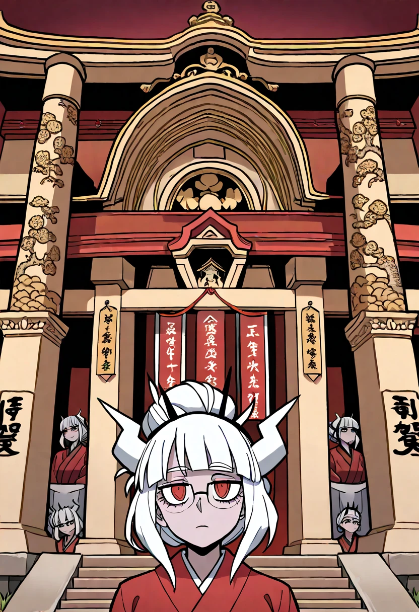 1 MATURE WOMAN ,    lucifer helltaker  ,      Very beautiful white-haired woman wearing glasses   , intricate fine details,   Temple setup    ,    with no expression on her face     , mental reprogramming,       she awaits your order in a position of reverence to her master ,     She wears a red kimono  ,   she recognizes him as her master      (   Mind Control) 