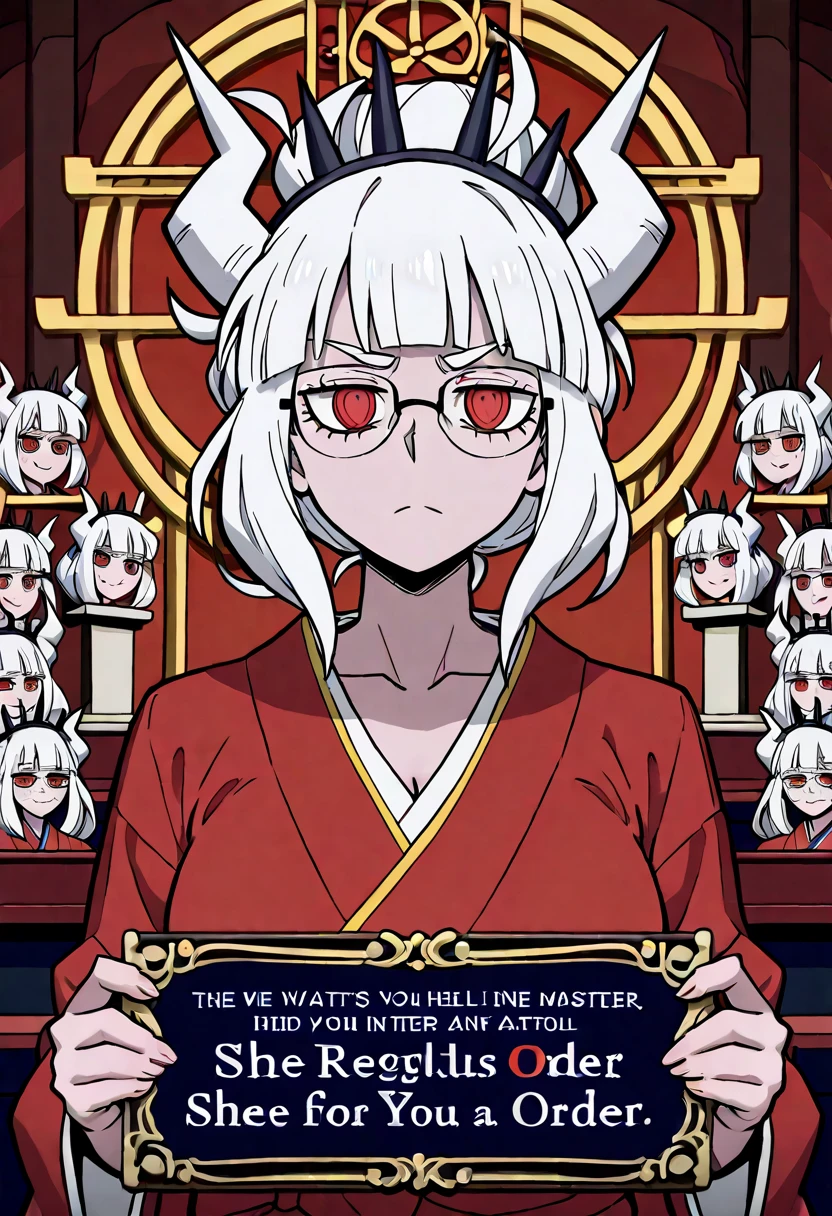 1 MATURE WOMAN ,    lucifer helltaker  ,      Very beautiful white-haired woman wearing glasses   , intricate fine details,   Temple setup    ,    with no expression on her face     , mental reprogramming,       she awaits your order in a position of reverence to her master ,     She wears a red kimono  ,   she recognizes him as her master      (   Mind Control) 