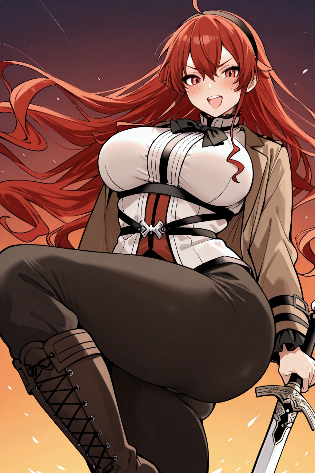 Solo, girl,dinámic, Eris Greyrat, adult, tall, red hair, furrowed eyebrow, blush, Eris Greyrat outfit, brown jacket, sword, confident smile, big breasts, perfect thighs, firm butt, open mouth, jacket flutters in the wind, hair long windblown, long boots,perfect scene , Masterpiece, score 9, anime colors, AMERICAN SHOT, beautiful, composition, HARMONY, high quality,femenine