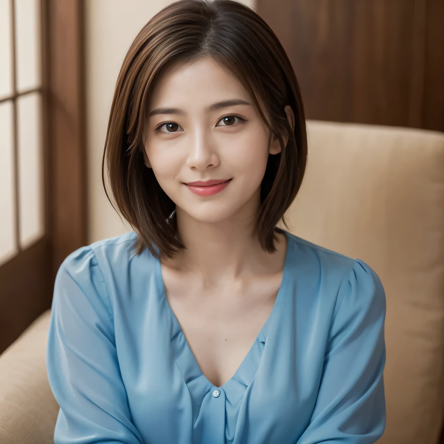 (Raw Photo), (Photorealsitic), (Masterpiece), (Best Quality), High Resolution, 8K, (Intricate Details), (Voluminous Light), Portrait, Female, 35 Years Old, Short Hair, Straight Hair , layered hair, brown hair, very fine eyes, source order, very fine eyebrows, very fine skin, very fine mouth, very fine nose, cute like an idol, happy smile, (thick lips), (looking at the viewer), (elegant blouse), waist shot,
