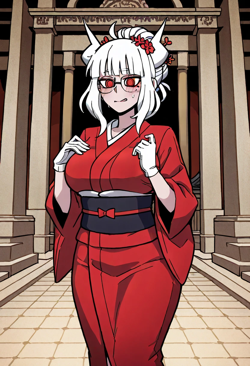 1 MATURE WOMAN ,    Lucifer Helltaker  ,      Very beautiful white-haired woman wearing glasses   , intricate fine details,   Temple setup    ,    with no expression on her face     , mental reprogramming,       she awaits your order in a position of reverence to her master ,     She wears a red kimono  ,   she recognizes him as her master      (   Mind Control) 