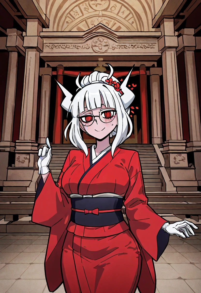 1 MATURE WOMAN ,    Lucifer Helltaker  ,      Very beautiful white-haired woman wearing glasses   , intricate fine details,   Temple setup    ,    with no expression on her face     , mental reprogramming,       she awaits your order in a position of reverence to her master ,     She wears a red kimono  ,   she recognizes him as her master      (   Mind Control) 