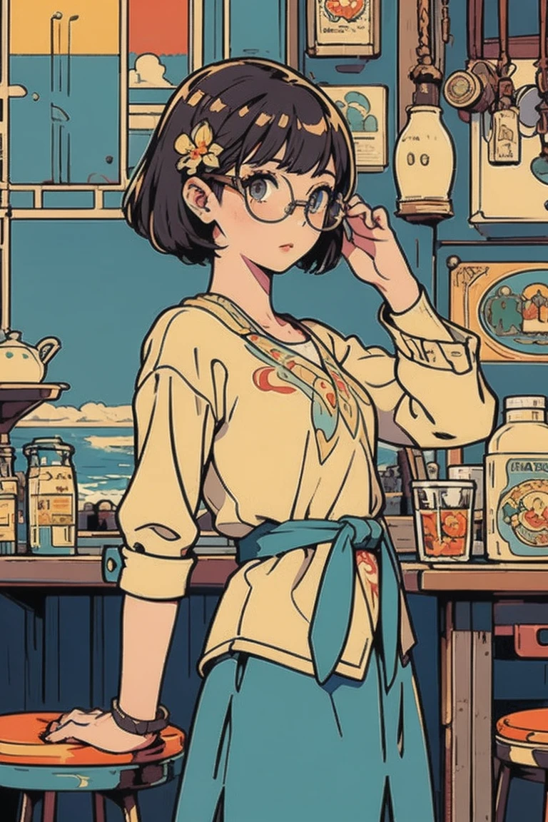 Mucha art style, masterpiece,  top quality ,  One girl ,  perfect eyes,  perfect face, Kuvshinov,  cowboy shot, flat art, flat color, window side with a view of the ocean , , casual clothes, Glasses, happy,