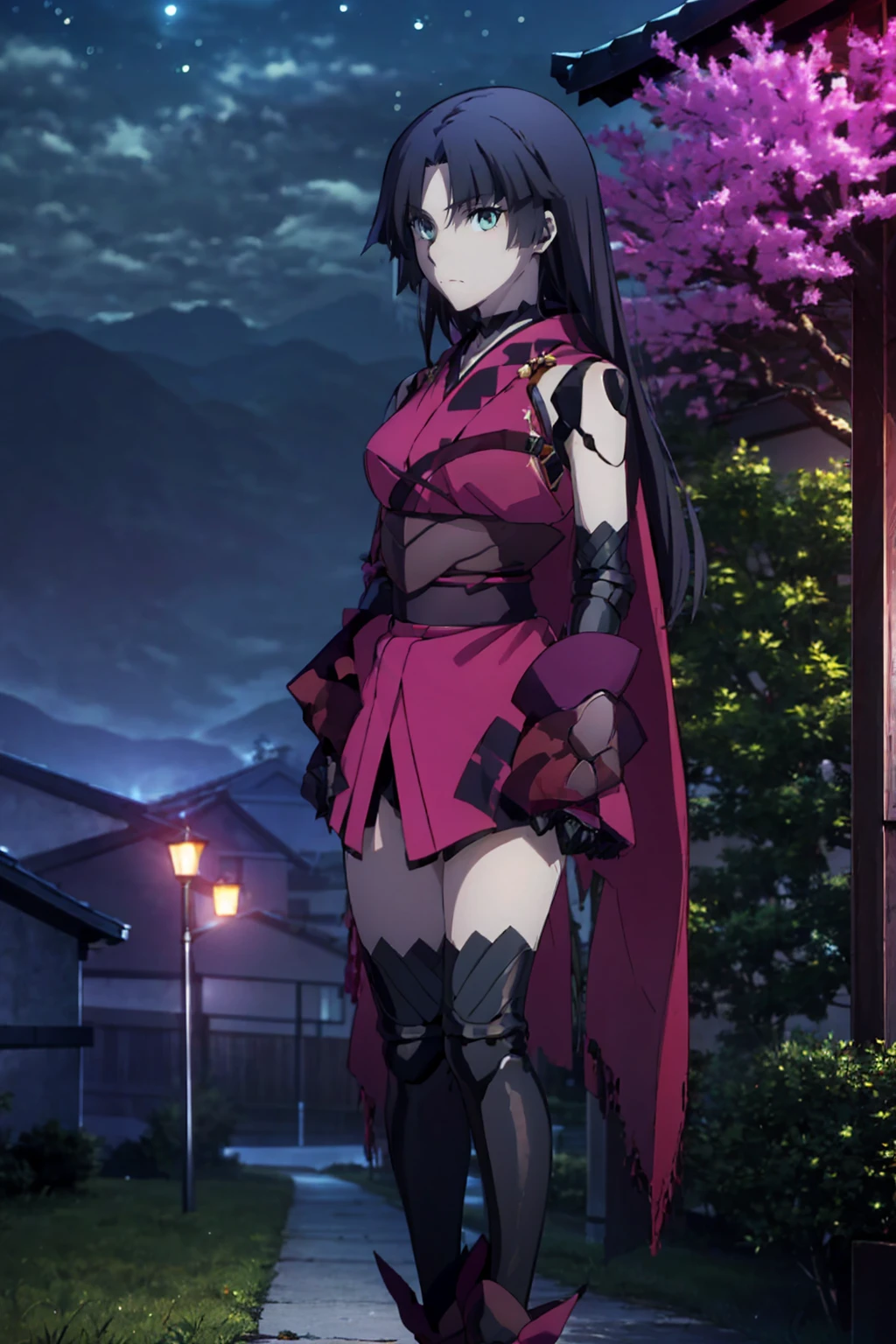 One Girl Kato Danzo（Fate）, Ufotable Style , Machine Hands and Joints, Assassin 3 ,Mecha,kimono, under a cherry tree ,night, Viewer Target