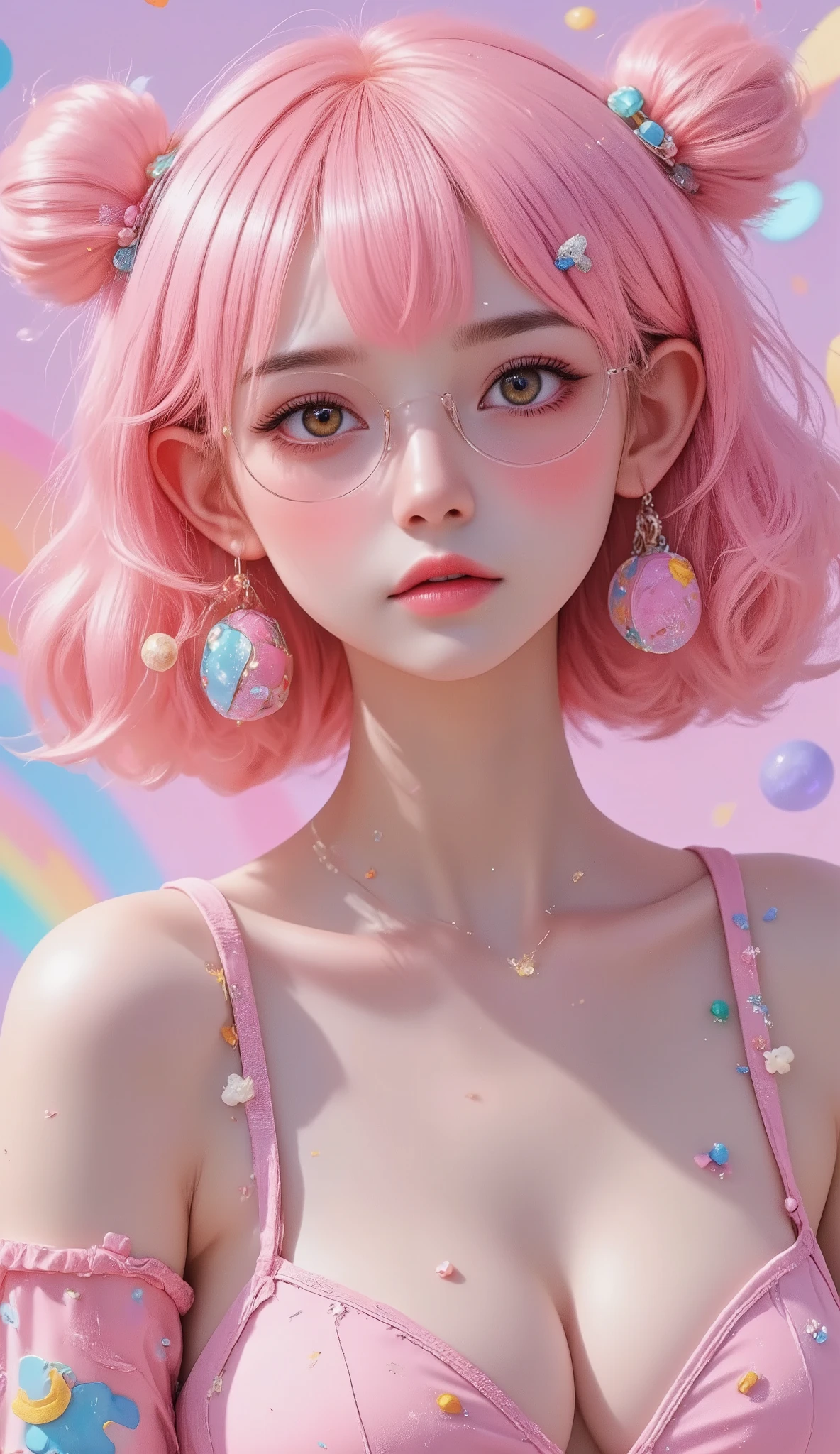 (( masterpiece)). This piece of art is sweet, dreamer, and ethereal , With soft shades of pink watercolor and lots of ornate cotton candy details .. Intimate underwear, Generate a delicate and demure fairy exploring a ( World of gum with a wide variety of pastel shades ).(Floating under), Her sweet face is extremely detailed and realistic with elegant features ., A perfect mouth with puffiness , kissable lips, It seems that ((((un elegant Micarah Tewers)))). Your lips are a uniform shade of pink . Includes mature and impressive features . ., very realistic eyes. Your eyes are important and must be realistic , and beautiful. In high definition and detail , includes many details such as stars , galaxies, burbujas de colores, colorful petals , Dripping bright paint , iridescence , Vivid hyper-realistic textures . Stars and colorful bubble gum are important ! Includes fantasy details.., improved details, iridescence , Viento colorido, chiaroscuro, cinematic lighting, UHD, Retina, masterpiece, Accurate, anatomically correct, textured skin, Super detail, high details, high quality, award winning , best quality, highres, 1080P, HD, 16K