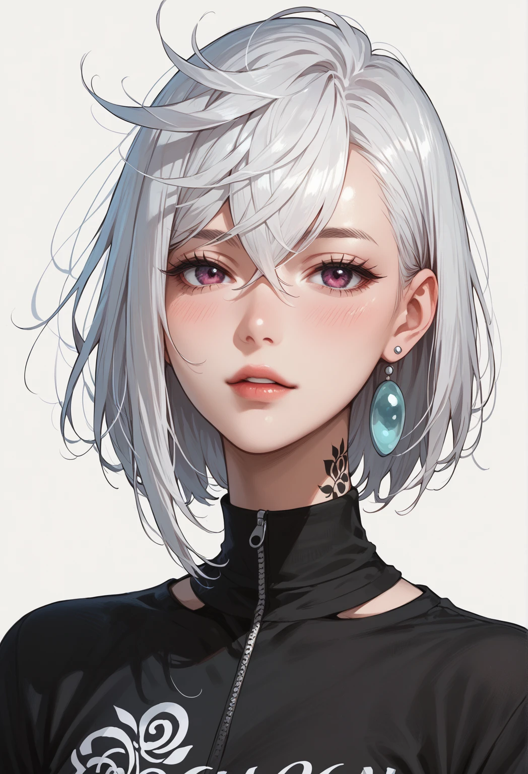 1个Giant Breast Girl, The upper part of the body, (White hair, Medium hair), perfect anatomia, ((white shirt, Black jacket, Black dress)), (((huge breasts)))