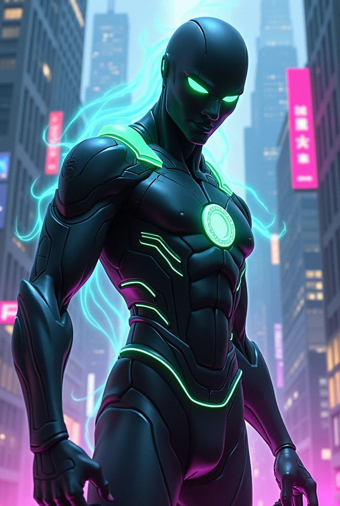 a superhero in a green technological super suit. also wearing technological goggles. he is called the Glitch.