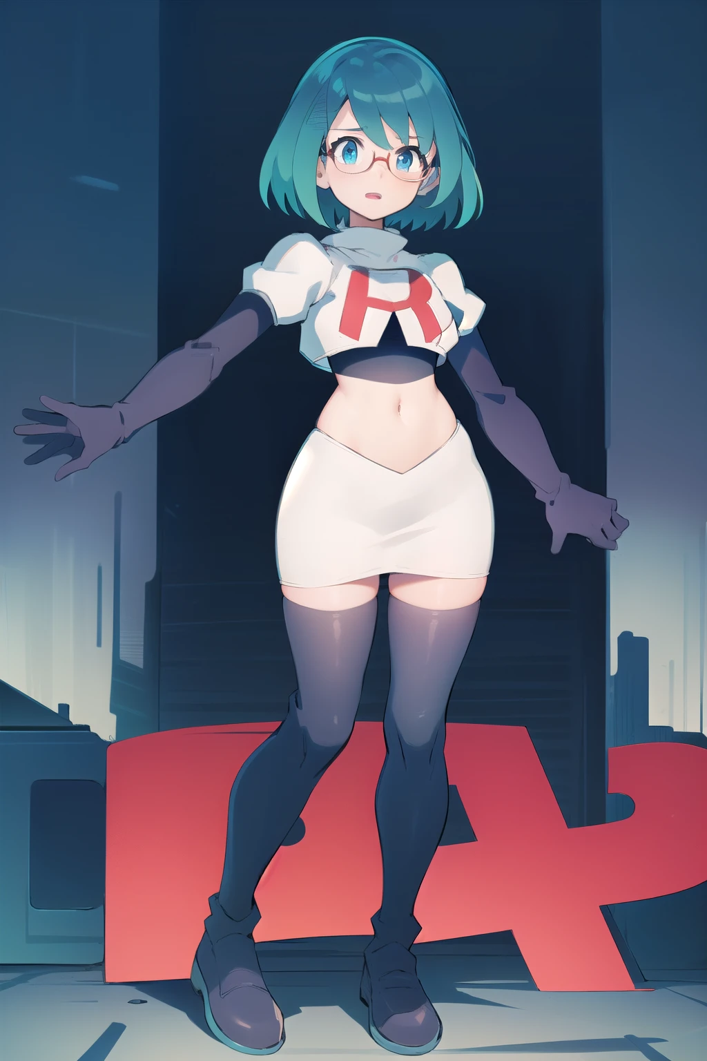 rico_megamanxdive, 1girl, solo, blue eyes, short hair, blue hair, android, glasses, team rocket,team rocket uniform,white skirt,red letter R,crop top,black thigh-highs,black elbow gloves, masterpiece, high quality, 