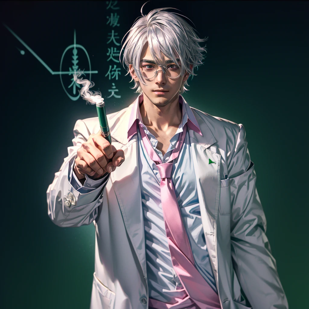 anime character with Silver haired, he is a teacher, he is wearing an open white lab coat, he is wearing a green tie, he is wearing medical glasses, he is wearing a pink shirt under his lab coat, he has calm sleepy eyes, he has a cigarette in his mouth, he is standing still, background is a dark green  chalk board, he is holding his arms together