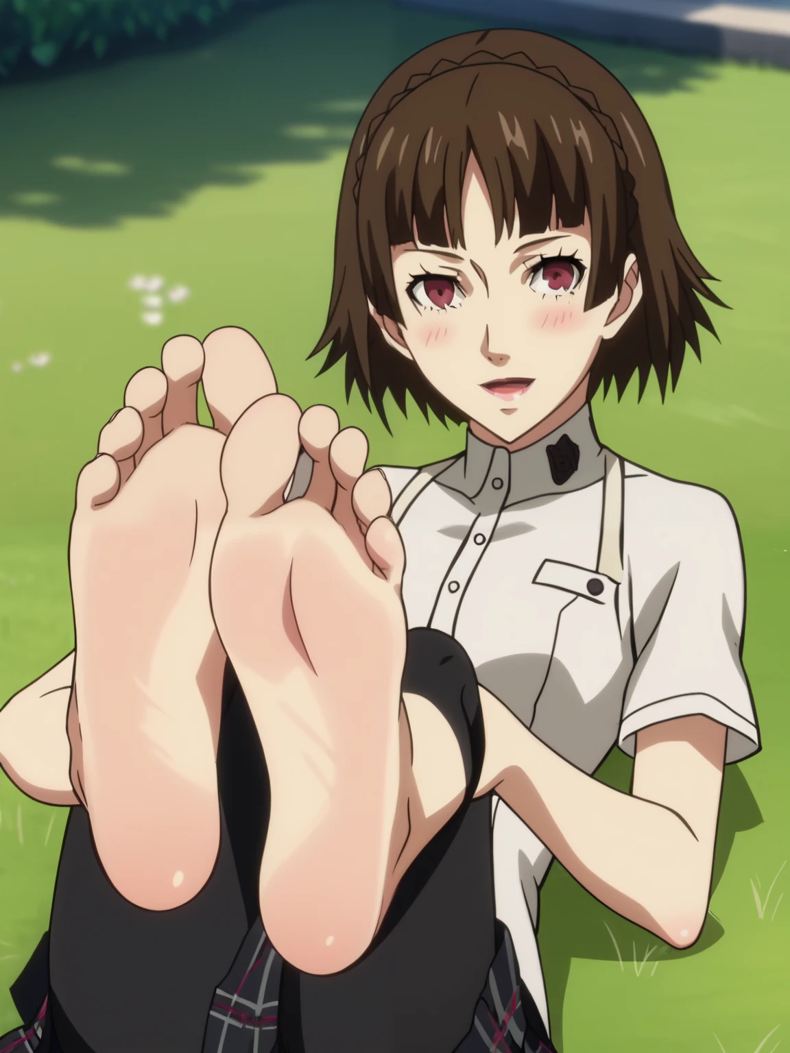 score_9, score_8_up,source_anime,
1girl, Makoto Niijima, alone, looking at viewer, cowboy shot, anime screencap, anime coloring,barefoot,Perfect feet,Anatomically correct,soles,Focal length 35mm, Five toes,front,Symmetrical Soles,Foot Focus, in a garden, lying on the grass with her back against the ground, from above, lifting legs to show her soles, flirty gaze, flirty smile, open mouth, blush, white dress shirt with short sleeves, black and red pleated plaid skirt,Capri-length black leggings