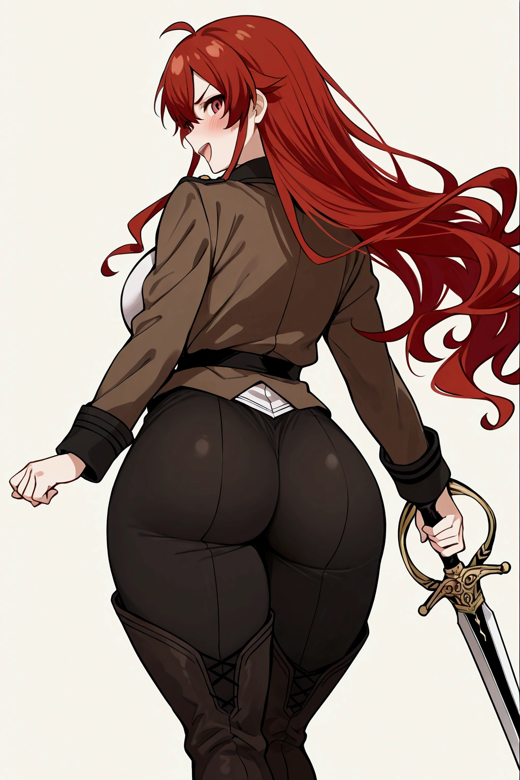 Solo, girl,from behind,look upon shoulder, Eris Greyrat, adult, tall, red hair, furrowed eyebrow, blush, Eris Greyrat outfit, brown jacket, sword, confident smile, big breasts, perfect thighs, firm butt, open mouth, jacket flutters in the wind, hair long windblown, long boots,perfect scene , Masterpiece, score 9, anime colors, AMERICAN SHOT, beautiful, composition, HARMONY, high quality,femenine