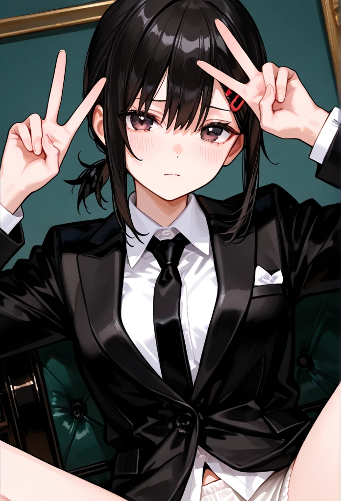  top quality , masterpiece,  748cm style ,  One girl ,        top quality,        V Pose 、dongshan_Kobeni,   hair accessories, hair clip,   One Girl  ,   black hair,   short ponytail  , formal,   jacket,   white shirt,   black suit, underpants,  slacks,  black tuxedo 、black tie、 upper body