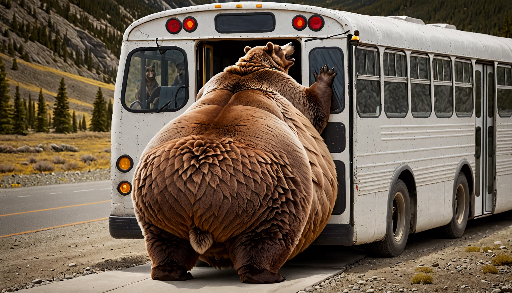 A massive grizzly bear with an unbelievably very very very extremely massive belly, so heavy it drags along the ground, struggles to fit through the narrow doorway of a bus. Its belly presses tightly against the edges of the frame, bulging slightly as it slowly pushes forward, causing the bus to creak under the strain. The bear's fur brushes against the door as it inches through, its sheer size making the task difficult but not impossible, creating a tense yet humorous moment.