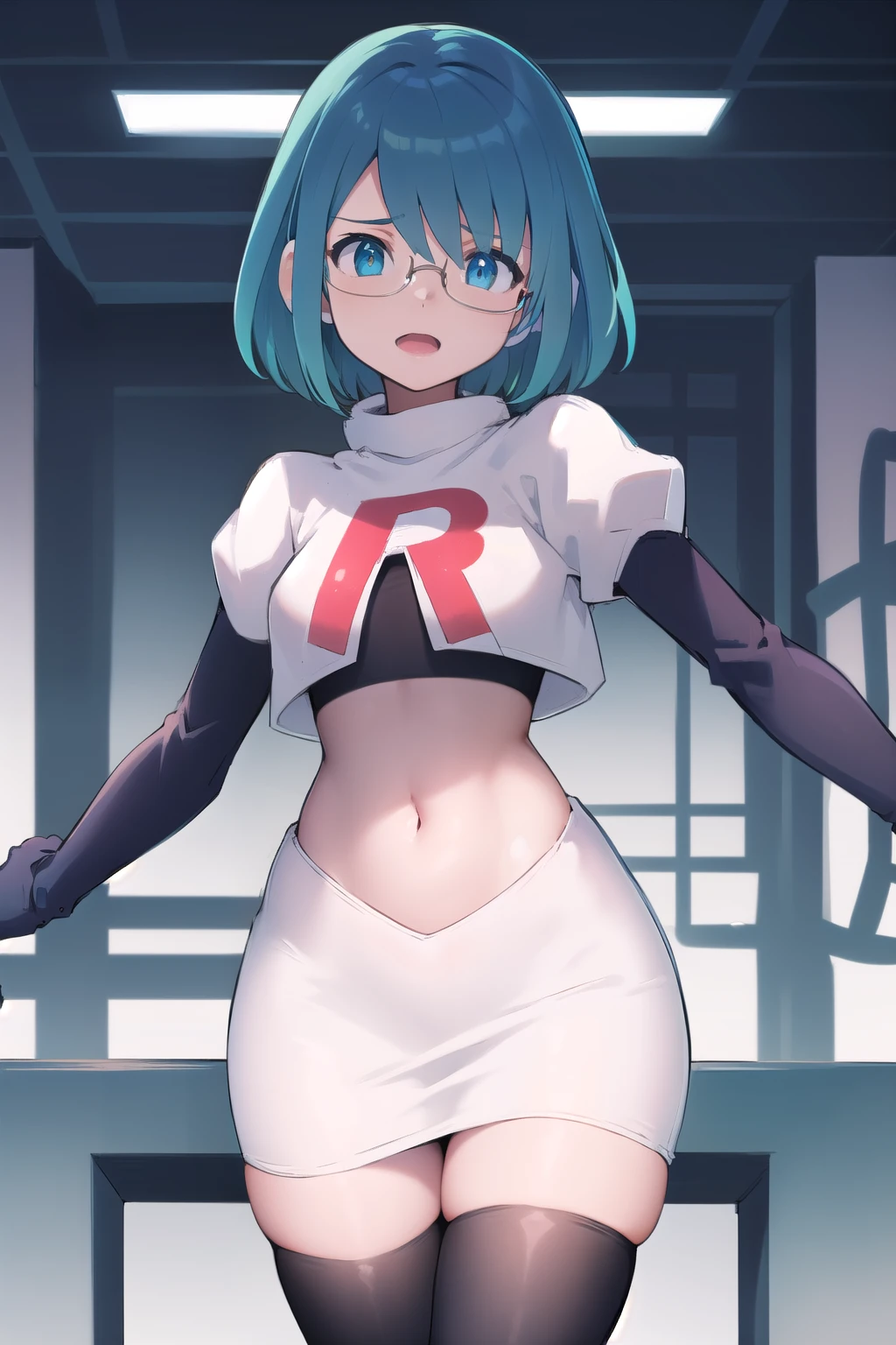rico_megamanxdive, 1girl, solo, blue eyes, short hair, blue hair, android, glasses, team rocket,team rocket uniform,white skirt,red letter R,crop top,black thigh-highs,black elbow gloves, masterpiece, high quality, 