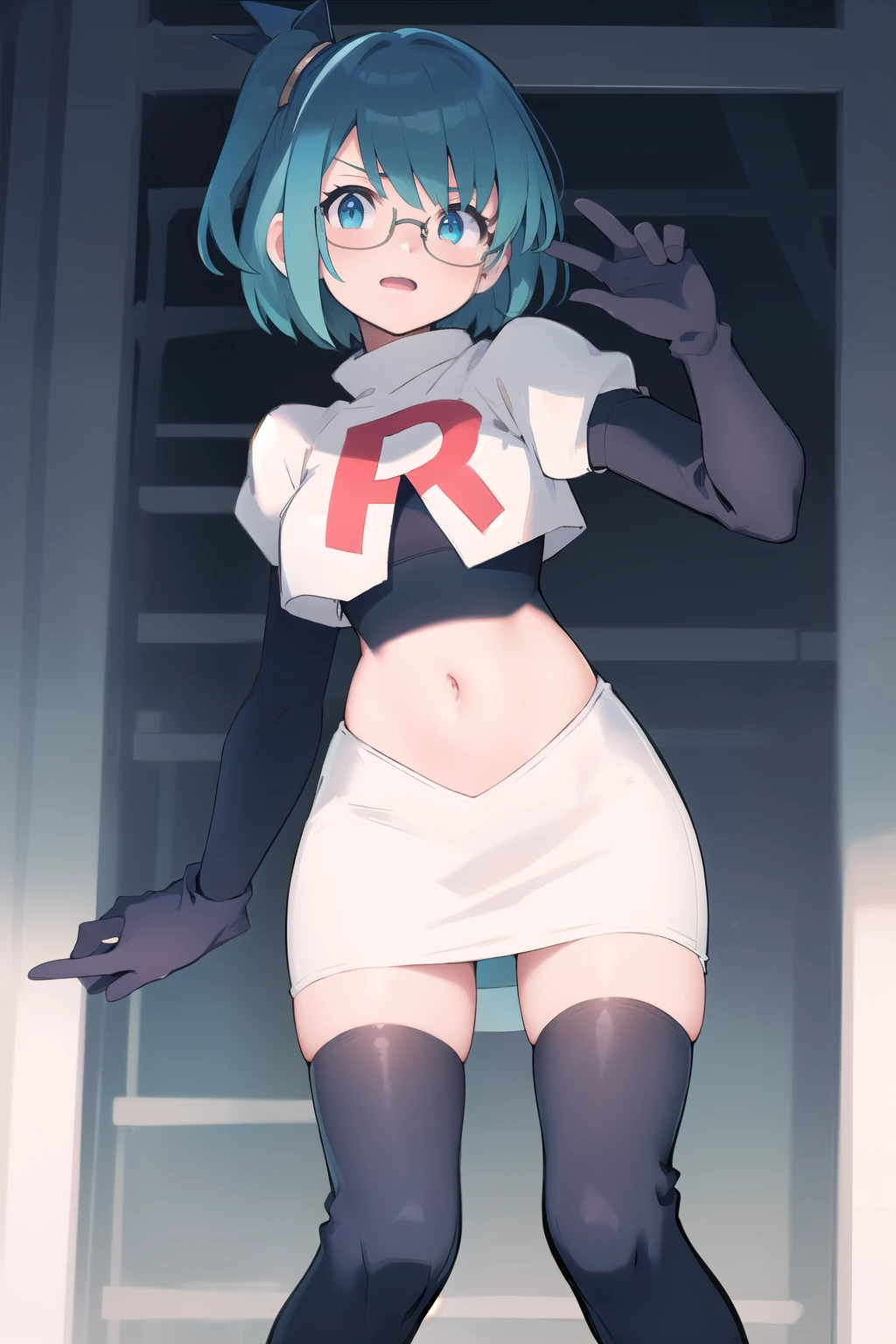 rico_megamanxdive, 1girl, solo, blue eyes, short hair, blue hair, android, glasses, team rocket,team rocket uniform,white skirt,red letter R,crop top,black thigh-highs,black elbow gloves, masterpiece, high quality, 