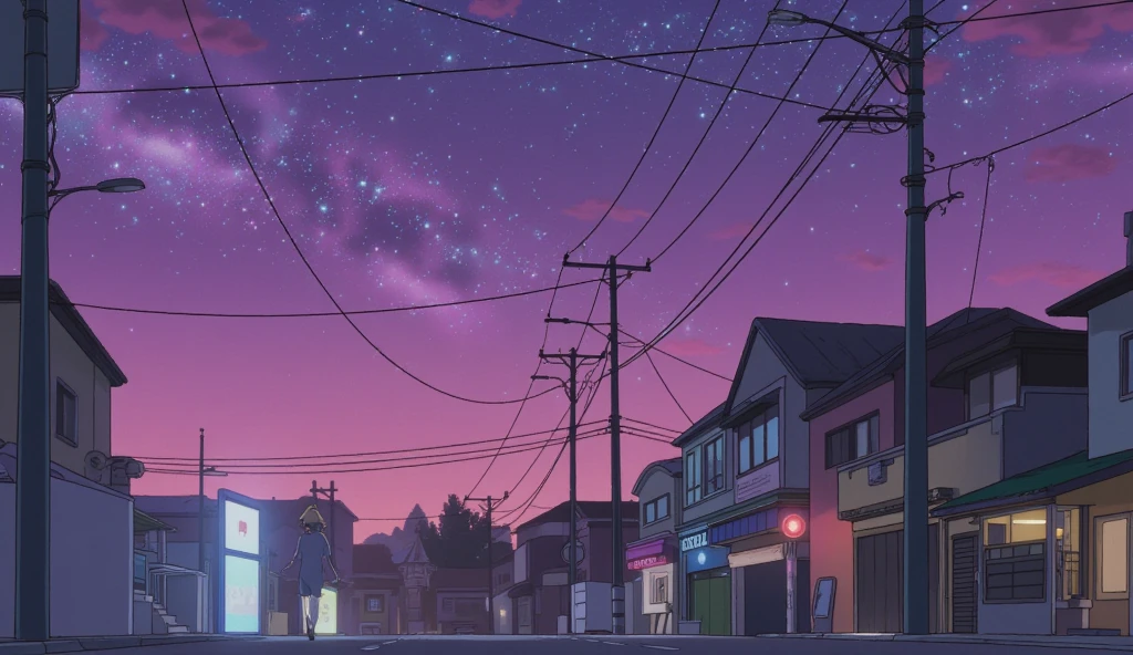  top quality , LOFI風、 Neon Glittering Girl Walking Through Town 、 anime style、 The background is a fantastic universe with countless stars twinkling、Overall fashionable 、Ghibli style、Purplish Background 