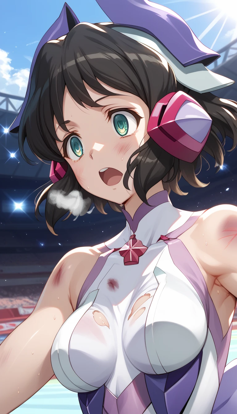  top quality ,  soft light during the cruise,  super high res,  cute, Beautiful face in every detail , high resolution details of human skin texture, shiny skin,sweat,Heat, white breath ,Take a deep breath,Kohinata Mirai , black hair, battle costume,Outdoor Arena,sunlight,Ready,Big eyes, Symphogear ,armed gear , open mouth ,Fighting pose,bruised body, hair ornament, torn clothes ,Short Hair, hollow eyes,Shooting beams