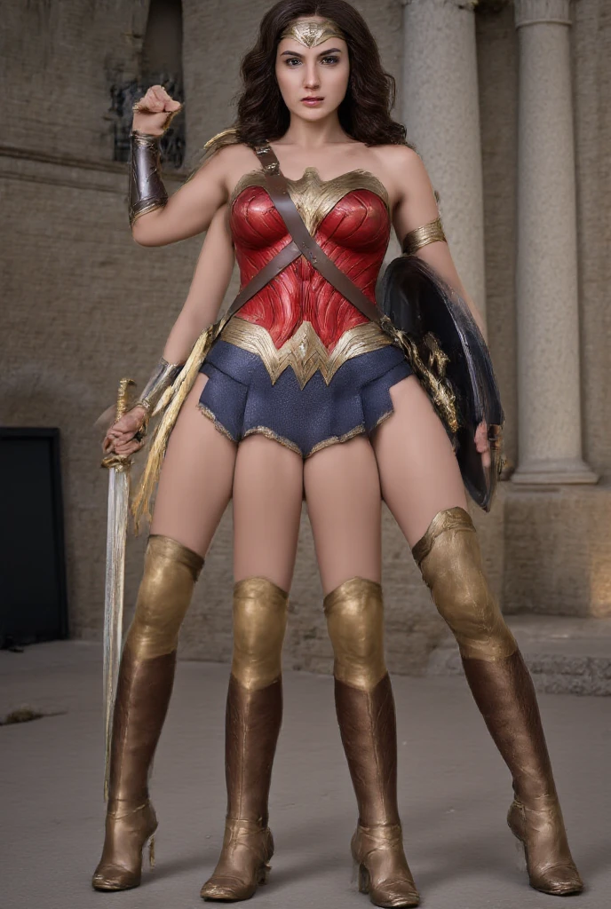 Wonder woman, gal gadot, amazon,diana prince, four armed woman,woman with four arms,four armed wonder woman,wonder woman with four arms,two pairs of arms,upper pair of arms,lower pair of arms,upper right hand holding sword,lower right hand holding shield, lower right arm holding lasso of truth,lower left hand on her hip, three legged woman,woman with three legs, wonder woman with three legs,left leg,middle leg,right leg,tripod,big breasts,open cleavage,showing cleavage,amazon suit,wonder woman suit, looking at camera, seductive look