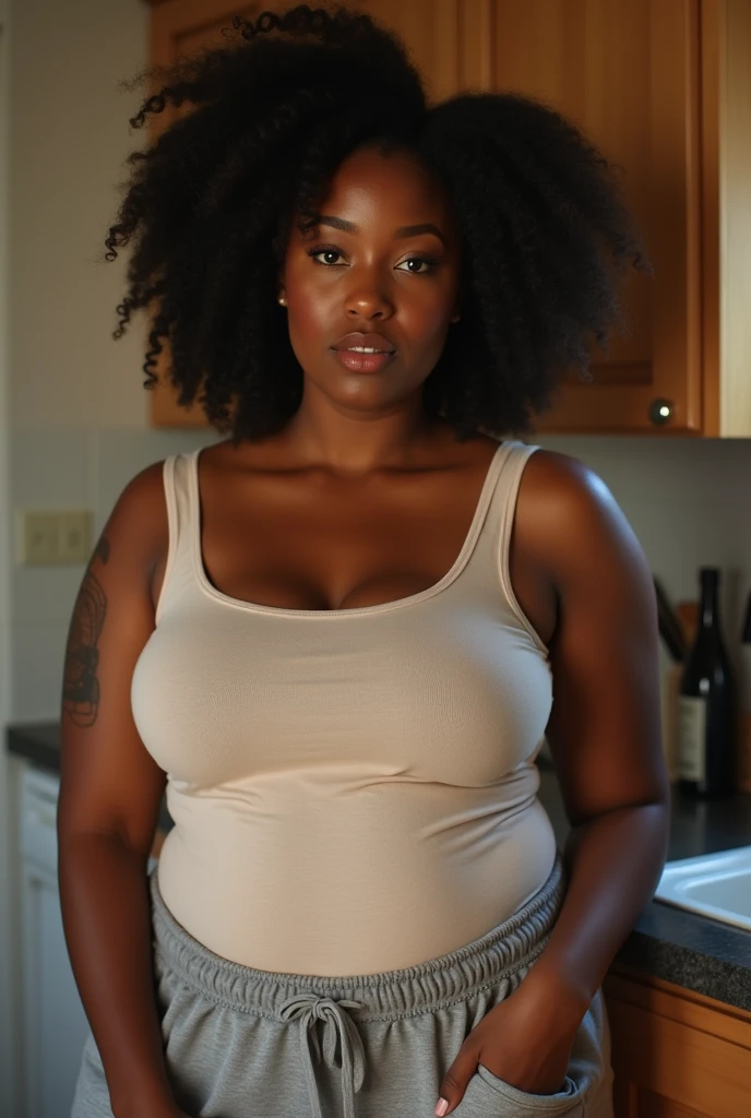 Pov when the African American mother with a curvy plus size body and wearing a plus size bra who is pregnant with a big belly and eating a lot of food and taking some snacks from your home refrigerator, iphone camera style. 8k hd, realface, cinematic, fish eye camera view