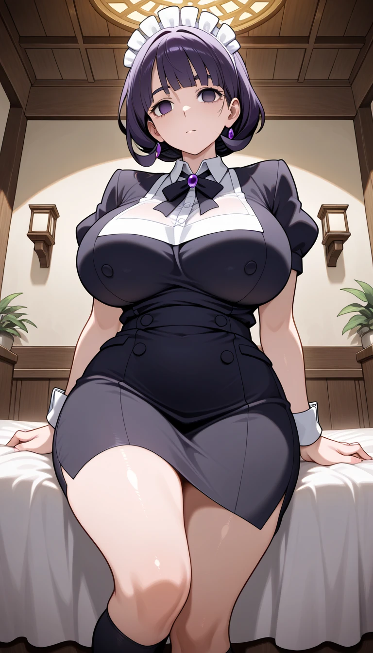 temple (    a mature woman    ),(( bright purple jewelry    )),     below the bust    ,     Big breasts      (two breasts),((    empty eyes    )),purple eyes ,     shiny eyes,Serious,     inexpressive, ((   short maid uniform    , Tight,    , Black skirt, very curvy legs , Wearing black socks,  in the position of greeting your master ,,    masterpiece    ,     best quality,     incredible quality    ,     very aesthetic    ,    absurdities   ,     ready to serve your master : mental reprogramming: Lucifer Helltaker    