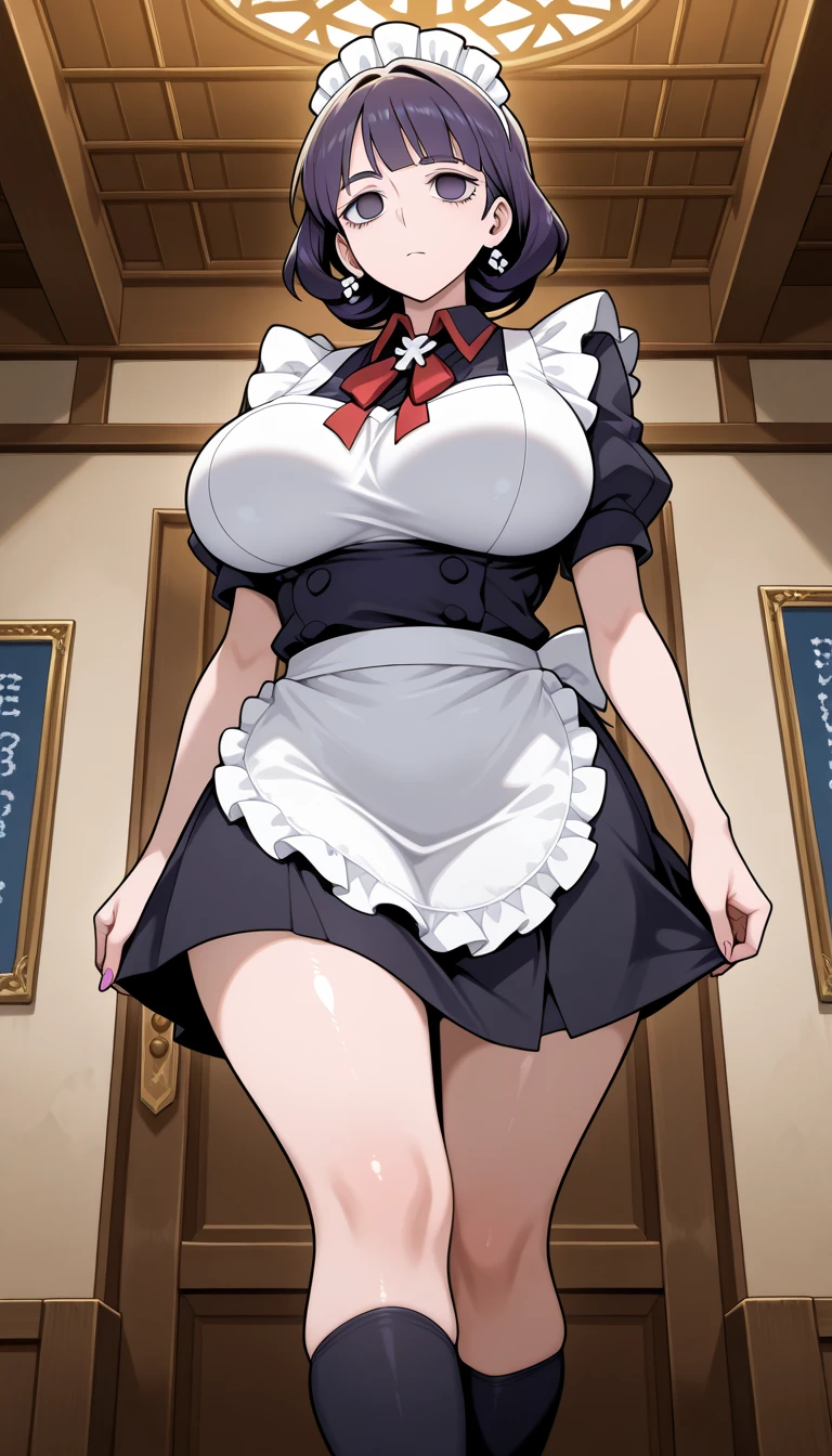 temple (    a mature woman    ),(( bright purple jewelry    )),     below the bust    ,     Big breasts      (two breasts),((    empty eyes    )),purple eyes ,     shiny eyes,Serious,     inexpressive, ((   short maid uniform    , Tight,    , Black skirt, very curvy legs , Wearing black socks,  in the position of greeting your master ,,    masterpiece    ,     best quality,     incredible quality    ,     very aesthetic    ,    absurdities   ,     ready to serve your master : mental reprogramming: Lucifer Helltaker    