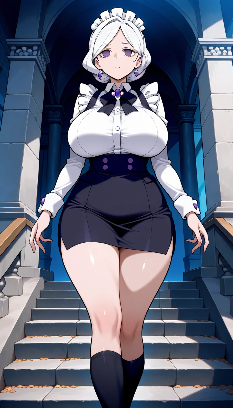 temple (    a mature woman    ),(( bright purple jewelry    )),     below the bust    ,     Big breasts      (two breasts),((    empty eyes    )),purple eyes ,     shiny eyes,Serious,     inexpressive, ((   short maid uniform    , Tight,    , Black skirt, very curvy legs , Wearing black socks,  in the position of greeting your master ,,    masterpiece    ,     best quality,     incredible quality    ,     very aesthetic    ,    absurdities   ,     ready to serve your master : mental reprogramming: Lucifer Helltaker    