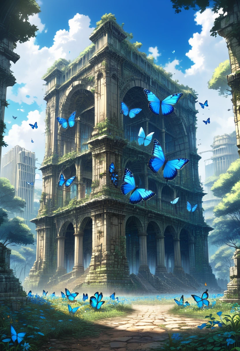 It's a very big building,   in the forest with blue butterflies ,  pixiv contest winning work ,  Fantasy Art , Ornate Urban Ruins ,  Huge ancient ruins , Ruins, The background is ruins,  Huge ancient ruins , Complex Environment, Ruined city background , Fantasy architecture, Intricate Scenery , Ruins in the background,  anime scene concept art 