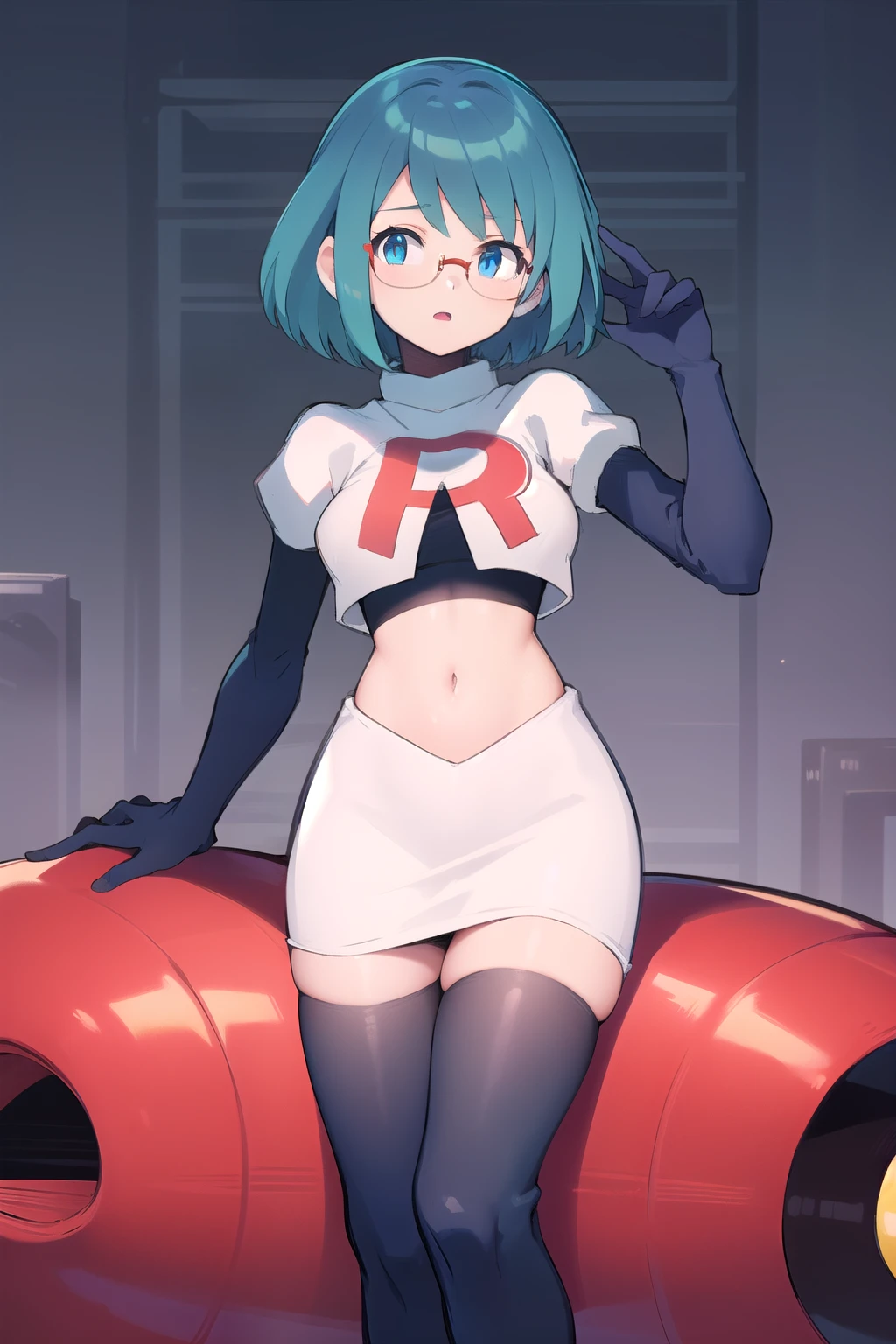 rico_megamanxdive, 1girl, solo, blue eyes, short hair, blue hair, android, glasses, team rocket,team rocket uniform,white skirt,red letter R,crop top,black thigh-highs,black elbow gloves, masterpiece, high quality, 