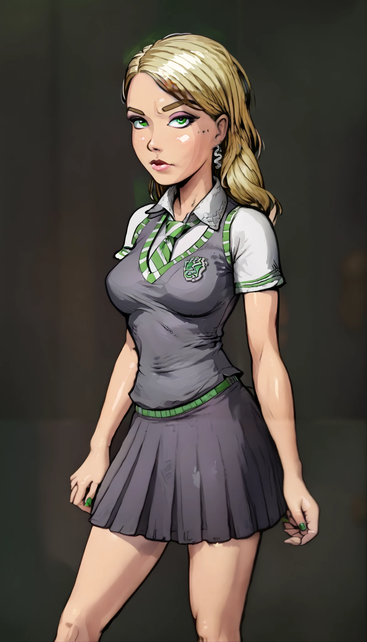 DAPHNESISERG, Daphne Greengrass, blonde, skinny, green eyes, Slytherin school uniform