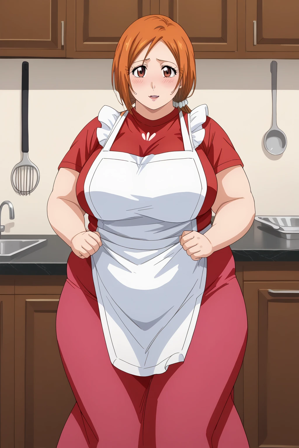 inoue orihime, Orihime Inoue,  long hair,  orange hair, (brown eyes),low ponytail, I'm tying my hair to one at the back, ((Pink Skirt)), Long Skirts,((red blouse t-shirt)), (( white apron)),Long apron, White scrunchie,40 years old,milf,  score_9,  score_8_ up,  score_7_ up,  score_6_ up,  score_5_ up,  score_4_ up,  Masterpiece ,  top quality , Very aesthetic,   absurd,  Source_Anime, Anime screencap , ssbbw,  One Woman 、Alone、 personal ,Curvy、 embarrassing expression 、 kitchen,  in her 20s, chybby、blush, Mature Woman, Fat face, Married Woman,