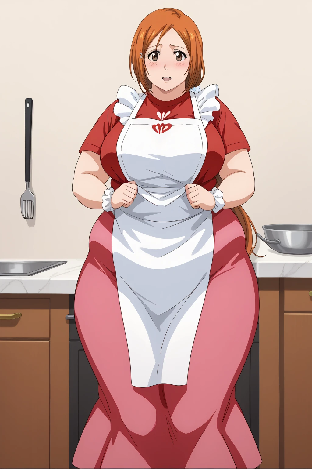 inoue orihime, Orihime Inoue,  long hair,  orange hair, (brown eyes),low ponytail, I'm tying my hair to one at the back, ((Pink Skirt)), Long Skirts,((red blouse t-shirt)), (( white apron)),Long apron, White scrunchie,40 years old,milf,  score_9,  score_8_ up,  score_7_ up,  score_6_ up,  score_5_ up,  score_4_ up,  Masterpiece ,  top quality , Very aesthetic,   absurd,  Source_Anime, Anime screencap , ssbbw,  One Woman 、Alone、 personal ,Curvy、 embarrassing expression 、 kitchen,  in her 20s, chybby、blush, Mature Woman, Fat face, Married Woman,