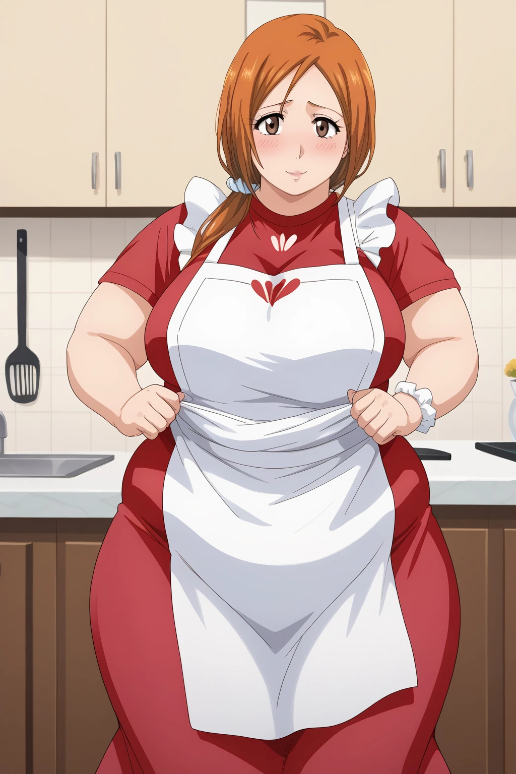 inoue orihime, Orihime Inoue,  long hair,  orange hair, (brown eyes),low ponytail, I'm tying my hair to one at the back, ((Pink Skirt)), Long Skirts,((red blouse t-shirt)), (( white apron)),Long apron, White scrunchie,40 years old,milf,  score_9,  score_8_ up,  score_7_ up,  score_6_ up,  score_5_ up,  score_4_ up,  Masterpiece ,  top quality , Very aesthetic,   absurd,  Source_Anime, Anime screencap , ssbbw,  One Woman 、Alone、 personal ,Curvy、 embarrassing expression 、 kitchen,  in her 20s, chybby、blush, Mature Woman, Fat face, Married Woman,