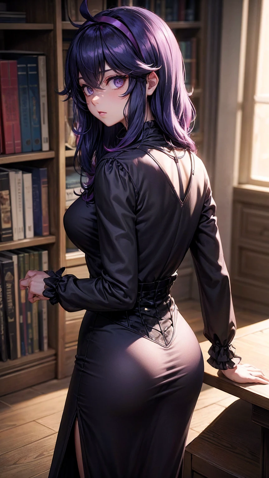 great masterpiece, (Unreal Engine), reality:1.5, Ultra-fine, Rich Contrast, High Quality, 8k, Hi-Res Texture, Amazing Absolute Resolution, Advanced Settings, colorful, Clear Images, DIGITAL BLENDING, (Hasselblad Photography, Distorted angle of view), 

beautiful woman, hex maniac,  headband,  messy hair,  purple eyes, Purple Hair, purple  headband, @ @,
black  dress,  dress, long  dress,  Long Sleeve ,  Juliet sleeve,correct,

indoor, library,  bend your back,
viewers, cowboy shot, Dutch angle to the side,