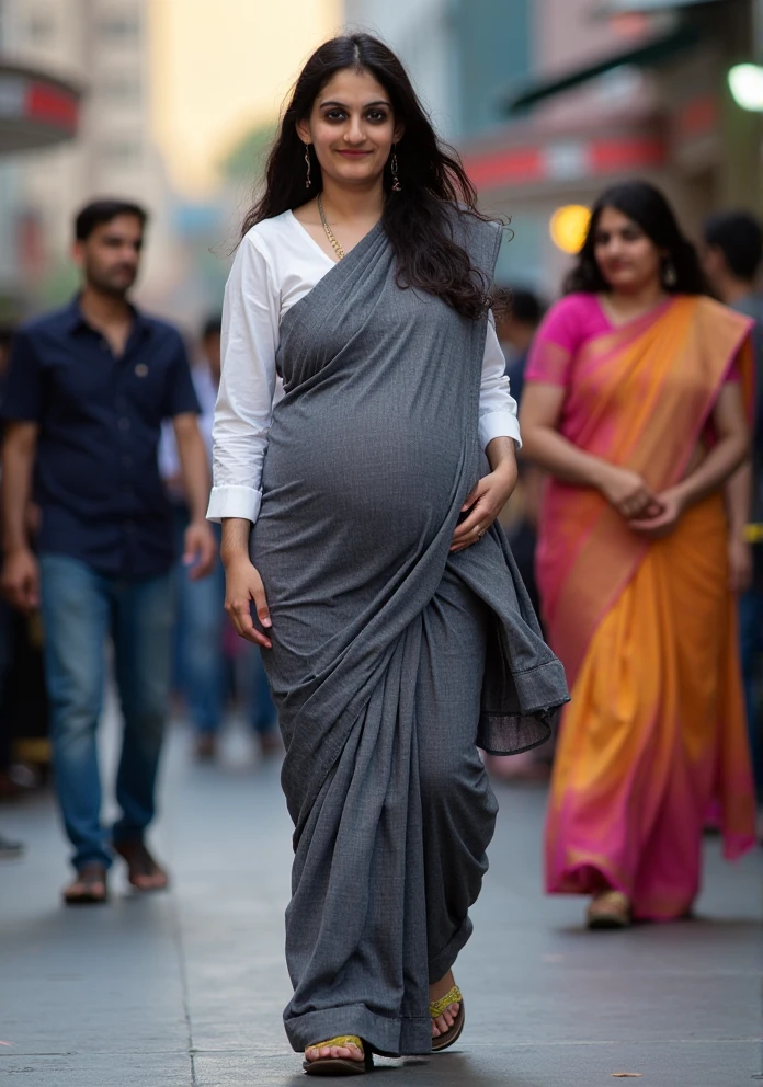 A young Indian pregnant woman gray-colored sari with a white blouse, walking on a crowded street with people in the background whispering and pointing fingers at her. Despite their judgmental expressions, she walks with her head held high, reflecting strength and resilience.

Background Image Prompt in Hindi: एक व्यस्त सड़क पर चलती गर्भवती महिला, जहां पृष्ठभूमि में लोग फुसफुसा रहे हैं और उसकी ओर उंगली उठा रहे हैं। उनके आलोचनात्मक चेहरे के बावजूद, महिला आत्मविश्वास और मजबूती के साथ सिर ऊंचा करके चल रही है।