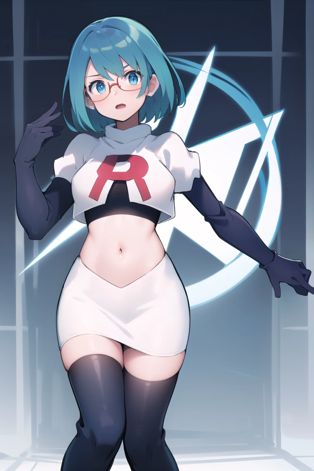 rico_megamanxdive, 1girl, solo, blue eyes, short hair, blue hair, android, glasses, team rocket,team rocket uniform,white skirt,red letter R,crop top,black thigh-highs,black elbow gloves, masterpiece, high quality,