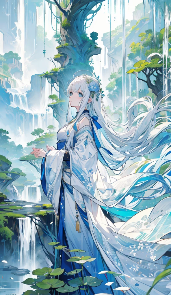 Highly detailed film water and ocean palette, a bald monk standing at the water's edge in white Hanfu, a huge green snake, a huge lotus flower in white, a very tall waterfall, exquisite facial details, spotlights, perfect composition, surreal, ultra-detailed, 8k, high quality, clear focus, intricate details, highly detailed, dynamic lighting, detailed and complex environment,