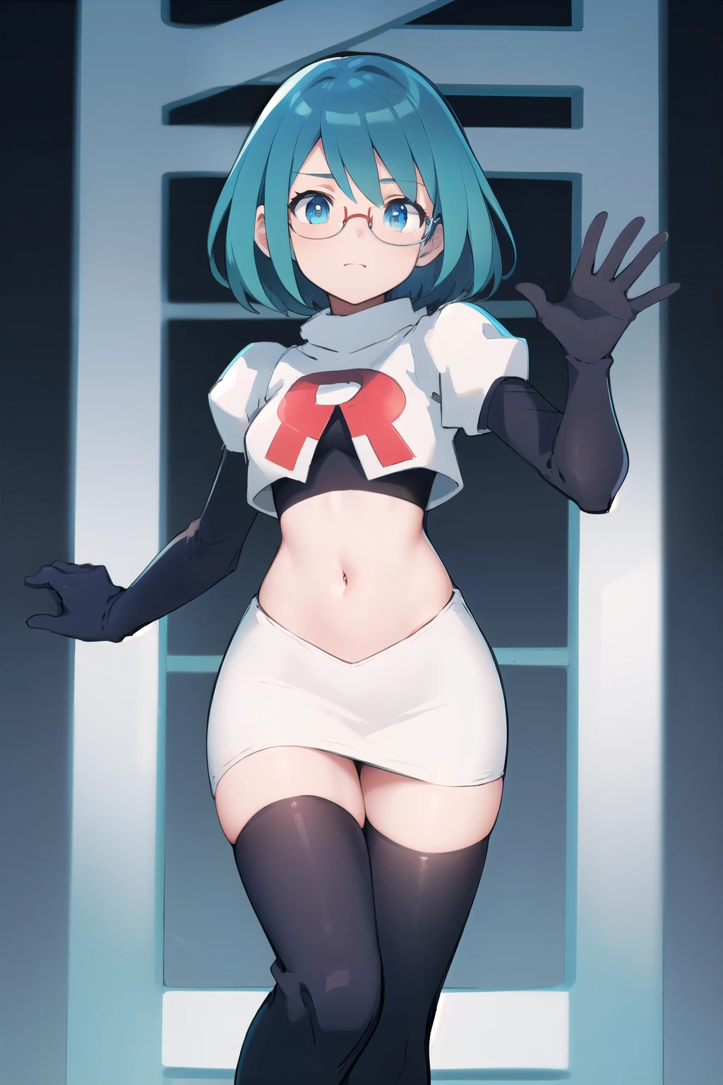 rico_megamanxdive, 1girl, solo, blue eyes, short hair, blue hair, android, glasses, team rocket,team rocket uniform,white skirt,red letter R,crop top,black thigh-highs,black elbow gloves, masterpiece, high quality,