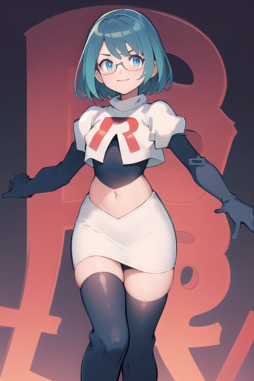 sucrose \(genshin impact\), glasses,team rocket,team rocket uniform, red letter R, white skirt,white crop top,black thigh-highs,black elbow gloves