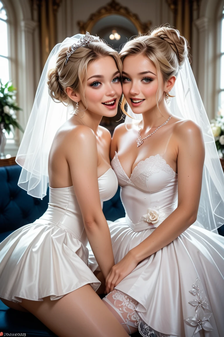  nsfw, two women on their knees looking at viewer, (dressed in sexy wedding dresses), wearing sexiest wedding gowns, two girls, alexa grace, blonde hair up, formal hair, cute girls, pornstars, angled shot, bottom angle, small, fit bodies, college girls, sisters, eva, bedroom eyes, lesbian, with a twin, # oc, #oc, looking hot, so many tears, moaning