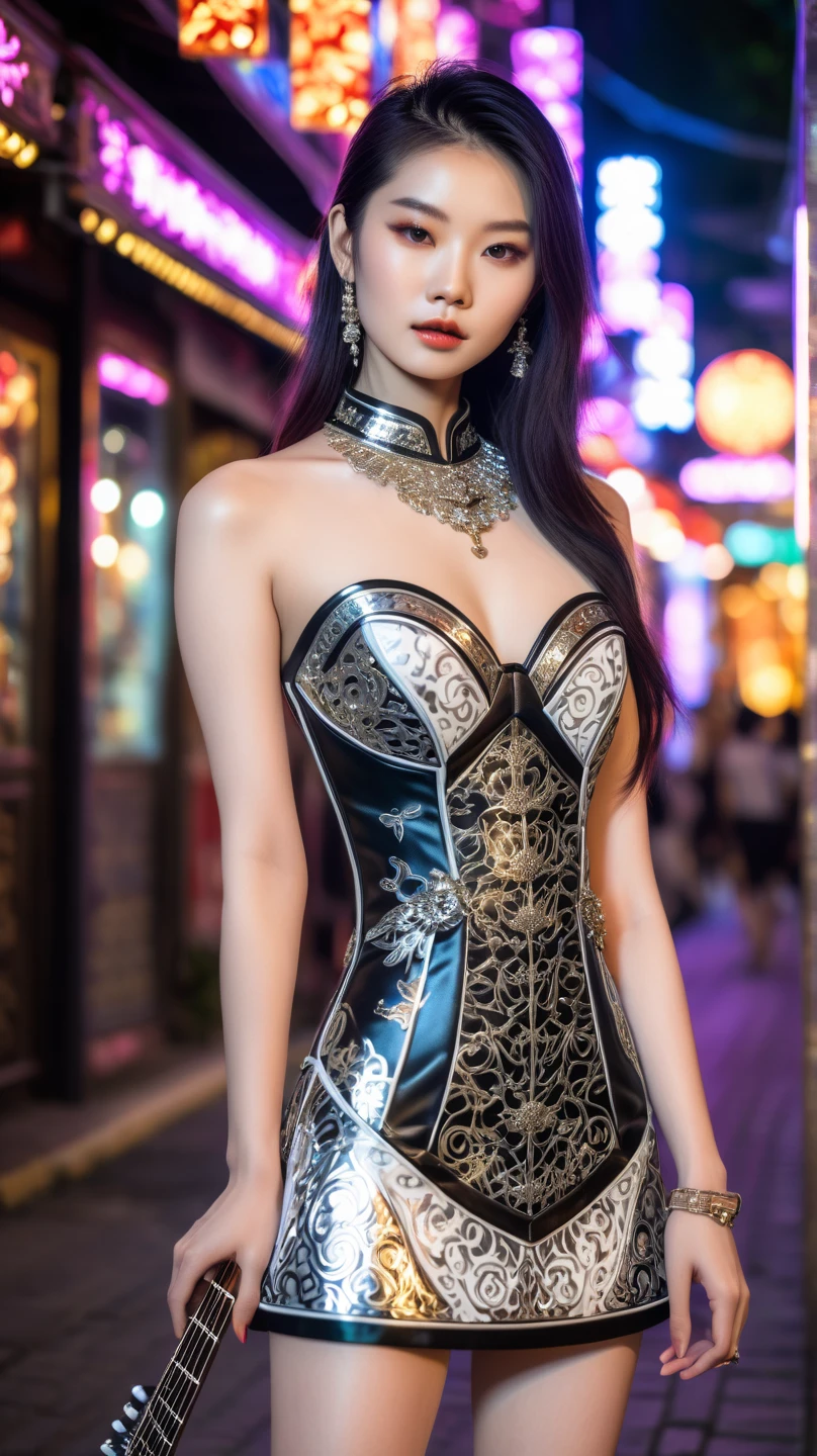 top-quality、​masterpiece、超A high resolution、(Photorealsitic:1.4)、Raw photo、1人、Black hair、glowy skin、1 Mechanical Girl、((super realistic details))、portlate、globalillumination、Shadow、octan render、8K、ultrasharp、huge tit、Raw skin is exposed in cleavage、metals、Details of complex ornaments、Japan details、highly intricate detail、Realistic light、CGSoation Trends、Golden eyes、radiant eyes、Facing the camera、neon details、Mechanical limbs、blood vessels connected to tubes、Mechanical vertebrae attached to the back、mechanical cervical attaching to neck、sitting on、Wires and cables connecting to the head、Gundam、Small LED lamp、evangerion、
