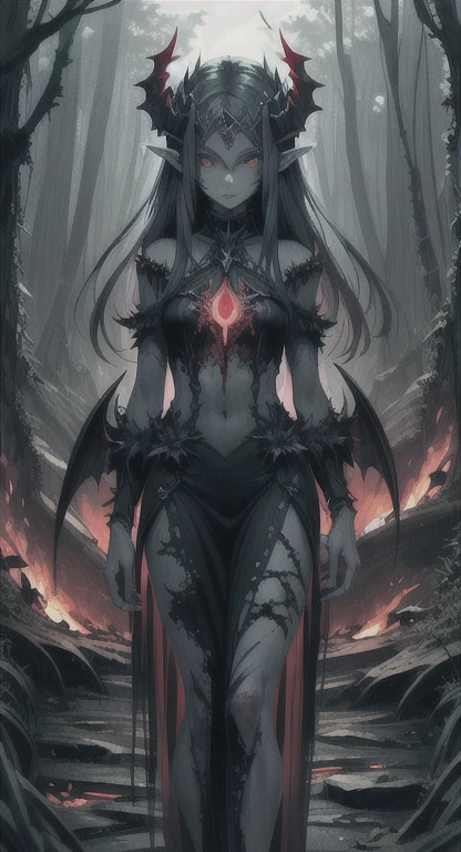 A menacing demon girl with twisted horns and glowing red eyes, with ancient tatoos in her body, stands amidst a dark, foreboding forest. big breasts. This image is a chilling acrylic painting. The shadows enhancing the feeling of malevolence that emanates from her.