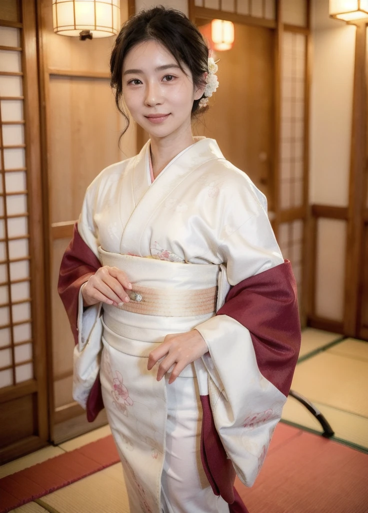 nsfw, (( top quality )), ((8k)), ((masterpiece: 1.3)), (  perfect appearance  ), ( photorealism: 1.2), (( woman in Japanese kimono )),  Japanese woman, (Age 30), Married Woman,  Realistic Skin Texture , There are fine lines all over her skin , Dullness, Lack of moisture ,  facial wrinkles,  wrinkles on the outer corner of the eye,  double eyelid, Lower eyelid tear trough, Crying Mole,  her lips are pale open ,  The corners of her mouth are gently smiling , Dimples,  medium length hair , (Unpatterned 、 maroon kimono),Plain kimono, ( white socks), (), (( full body )), summary hair , standing,Japanese style hotel, Kimono without a pattern、Kimono for Bribes 、 Kimono for Friends 