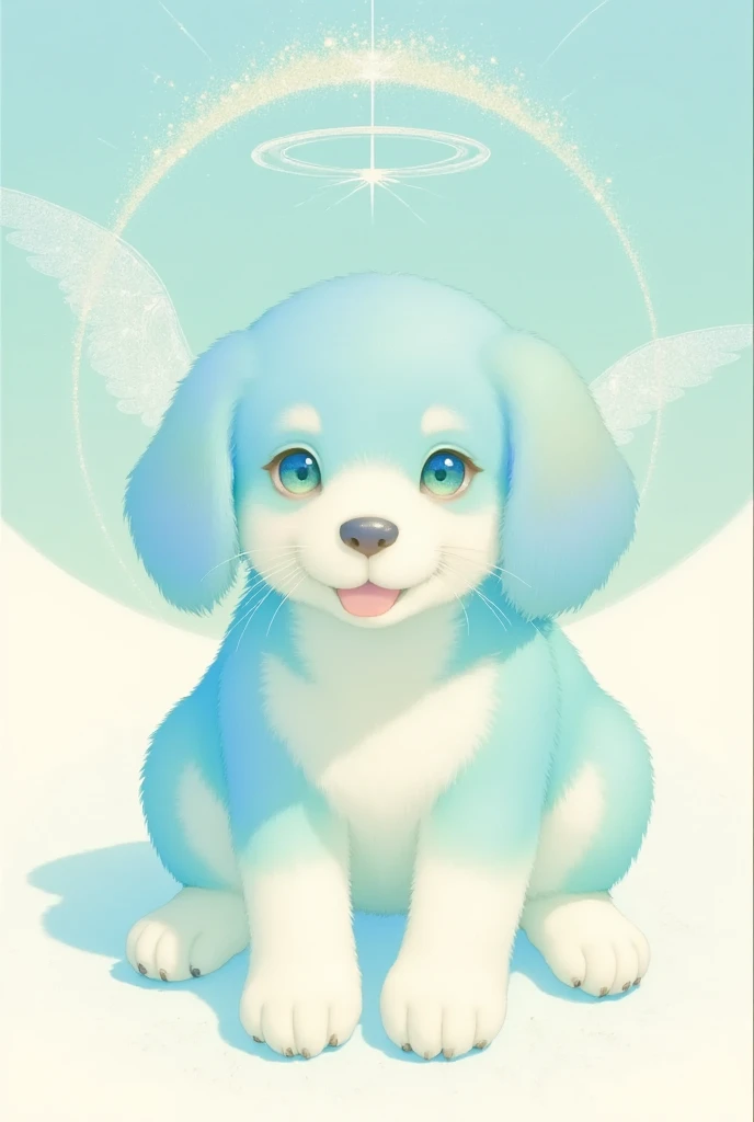 ultra detailed, best quality, 1dog,  smile , sitting , look at me, blue color dog, anglic atmosphre, bright , glittering particles, shiny, soft color, kawaii anime, cute illustration, angell dust falling, fancy style,