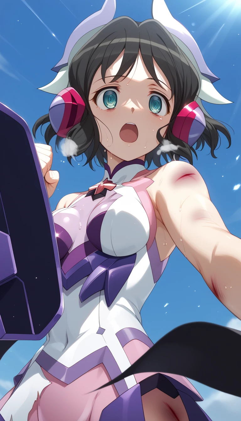  top quality ,  soft light during the cruise,  super high res,  cute, Beautiful face in every detail , high resolution details of human skin texture, shiny skin,sweat,Heat, white breath ,Take a deep breath,Kohinata Mirai , black hair, battle costume,Outdoor Arena,sunlight,Ready,Big eyes, Symphogear ,armed gear , open mouth ,Fighting pose,bruised body, hair ornament, torn clothes ,Short Hair, hollow eyes,Shooting beams,whole body,From below, Look Down,Pitch black sky