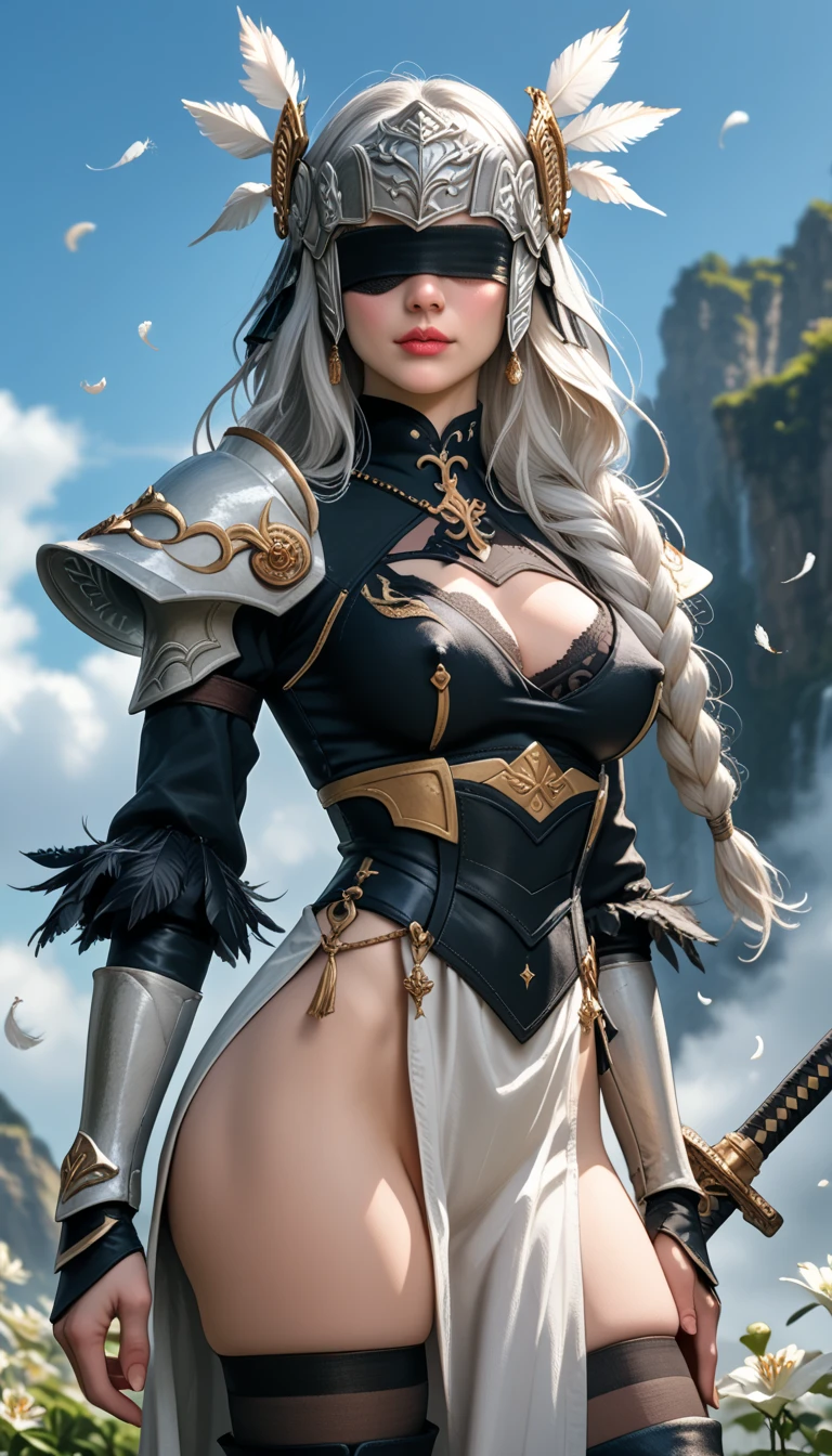 Score_9, score_8_up, score_7_up, source_real, rating_safe, photorealistic;; VPLenneth, 1woman, dynamic expression, long hair, braid, white hair, black blindfold over eyes, erect nipples, (armor:1.15), silver shoulder armor, helmet, tomboy-style pelvic curtain, feathers, feather-trimmed sleeves, stiletto thigh boots, (skindentation), lace trim boob window, long sleeves, ((holding very large magical katanas over shoulder:1.39), 2b_outfit;; (dynamic fighting poses:1.27);; outdoors rolling hills of lily-of-the-valley flowers background, (Convallaria majalis);; (holding_sword), d3t41l3d