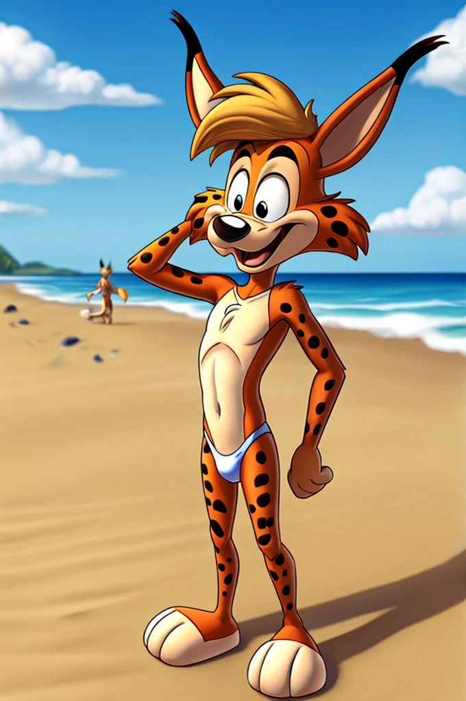 Lynx cartoon guy full length slim skinny in red speedo on the beach with a happy face striped tail