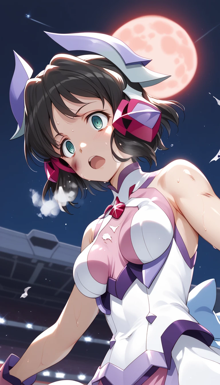  top quality ,  soft light during the cruise,  super high res,  cute, Beautiful face in every detail , high resolution details of human skin texture, shiny skin,sweat,Heat, white breath ,Take a deep breath,Kohinata Mirai , black hair, battle costume,Outdoor Arena,Ready,Big eyes, Symphogear ,armed gear , open mouth ,Fighting pose,bruised body, hair ornament, torn clothes ,Short Hair, hollow eyes,Shooting beams,whole body,From below, Look Down,Pitch black sky,night,Red Moon