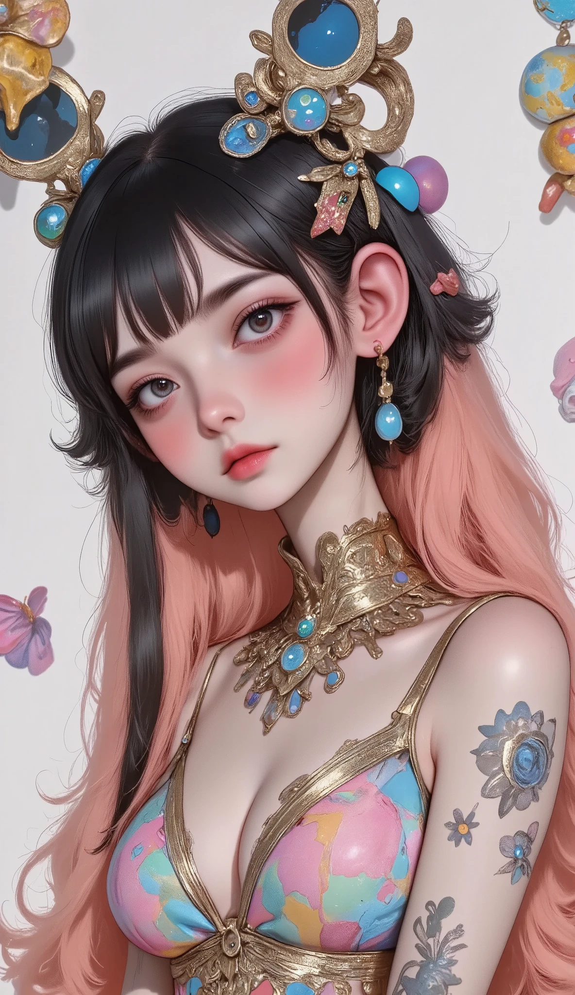 (( masterpiece)). This piece of art is sweet, dreamer, and ethereal , With soft shades of pink watercolor and lots of ornate cotton candy details .. Intimate underwear, Generate a delicate and demure fairy exploring a ( World of gum with a wide variety of pastel shades ).(Floating under), Her sweet face is extremely detailed and realistic with elegant features ., A perfect mouth with puffiness , kissable lips, It seems that ((((un elegant Micarah Tewers)))). Your lips are a uniform shade of pink . Includes mature and impressive features . ., very realistic eyes. Your eyes are important and must be realistic , and beautiful. In high definition and detail , includes many details such as stars , galaxies, burbujas de colores, colorful petals , Dripping bright paint , iridescence , Vivid hyper-realistic textures . Stars and colorful bubble gum are important ! Includes fantasy details.., improved details, iridescence , Viento colorido, chiaroscuro, cinematic lighting, UHD, Retina, masterpiece, Accurate, anatomically correct, textured skin, Super detail, high details, high quality, award winning , best quality, highres, 1080P, HD, 16K