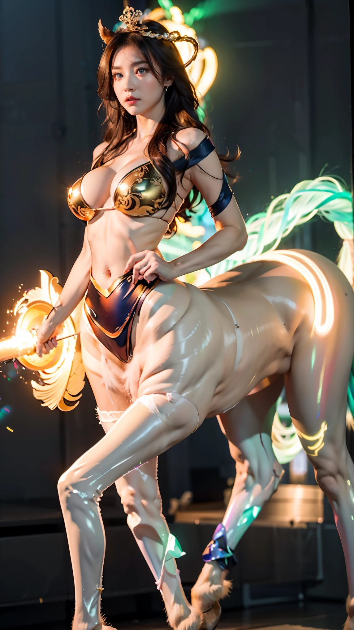 In the center of the ultra-wide-angle lens, the beautifully and ethereal mechanical centaur queen deploys her wings on the ionosphere to make a jump。The upper body of the Mechanical Centaur Empress is a sexy body with obvious feminine characteristics,The lower body is a mechanical part with a horse-like torso with streamlined sexy lines。Use Midjourney's advanced stroke tools and color palettes, as well as texture packs, model packs, texture tools,Concentration,Let the Mechanical Centaur Empress have harmonious moving lines,And the mechanical light wings of the mechanical Empress Satyr are plated with a unique space glow,The halo crown on the head of the mechanical centaur queen casts light casting neon,Let her be majestic,Add intricate textures and models to the Mechanical Centaur Empress, giving the real body soft and sexy lines and an authentic texture,Let the legs in the shape of horse legs be graceful and slender,Giving the Mechanical Centaur Empress a sexy and touching K-cup teardrop-shaped giant tit, the huge texture and real oil shine that exudes the restraints。With Midjourney's advanced brush tools and palettes and strokes, experiment with different models and materials to create a grand, epic look at your scene,Let the mechanical centaur queen be toned and elegant and ethereal,Clearly display the fallen enemy wreckage and the surface of the moon against the background of the starry sky。Use Midjourney's powerful tools,You can bring this magnificent and futuristic scene to life with incredible detail and beauty。 hdr,(真实感,Masterpiece quality,best qualtiy),,pureerosface_v1,ulzzang-6500-v1.1