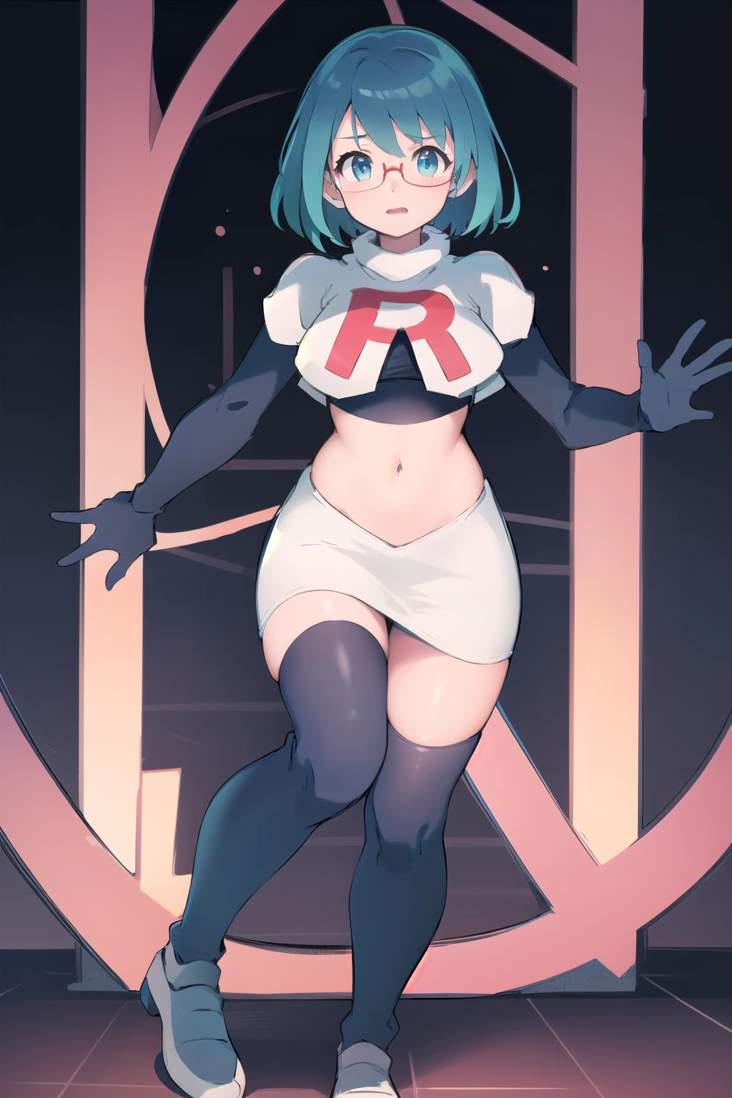 rico_megamanxdive, 1girl, solo, blue eyes, short hair, blue hair, android, glasses, team rocket,team rocket uniform,white skirt,red letter R,crop top,black thigh-highs,black elbow gloves, masterpiece, high quality, 